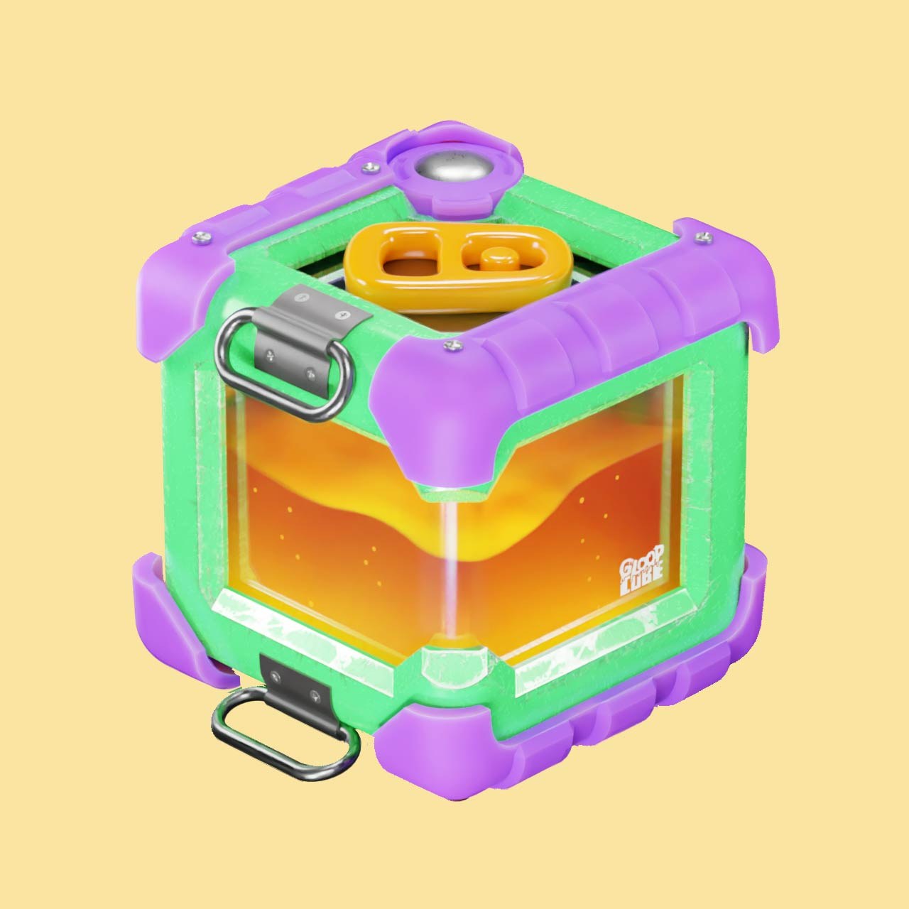 Lucky Mango: a GloopCube design concept — a purple-and-mint-green rubberized cube frame around a glass window of glowing orange slime, with a matching orange latch detail.