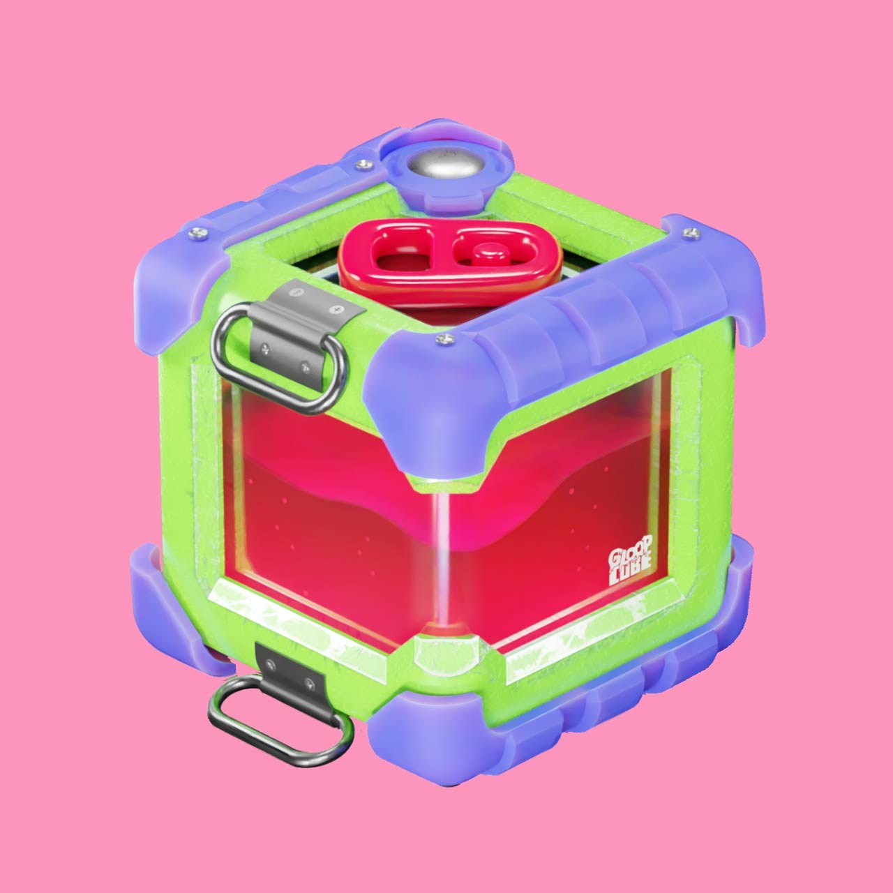 Raspberry Jelly: a GloopCube design concept — a mint-green and lavender rubberized cube frame around a glass window of glowing raspberry-red slime, with a matching red latch detail.